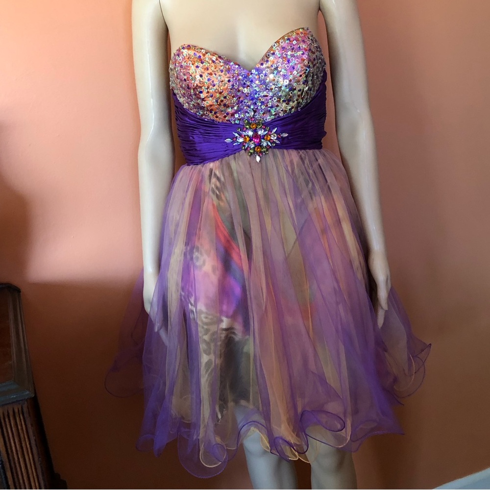 Rica Designs Purple Cheetah Strapless Prom Dress Size 2 Beaded Formal